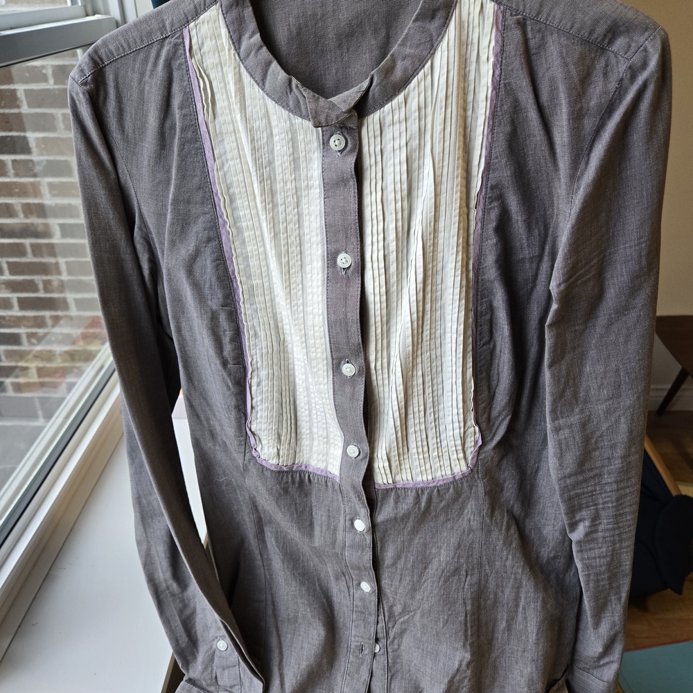 Zara Gray Button-Down Shirt with Cream Panel